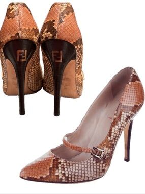 Fendi Brown Tan Snakeskin Mary Jane Pointed-Toe Pumps